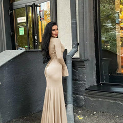 Elegant O-Neck Pleated Flared Sleeves Fishtail Maxi Dress