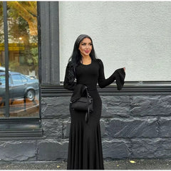 Elegant O-Neck Pleated Flared Sleeves Fishtail Maxi Dress