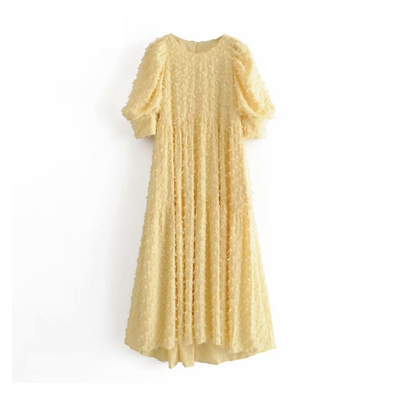 Elegant O Neck Puff Short Sleeve Long Dress