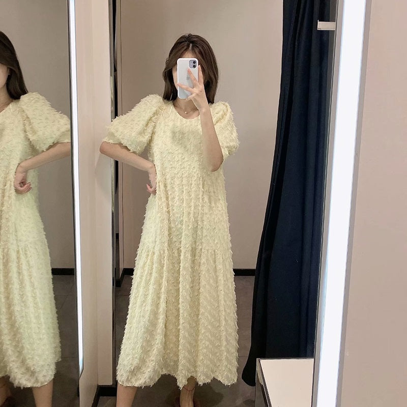 Elegant O Neck Puff Short Sleeve Long Dress