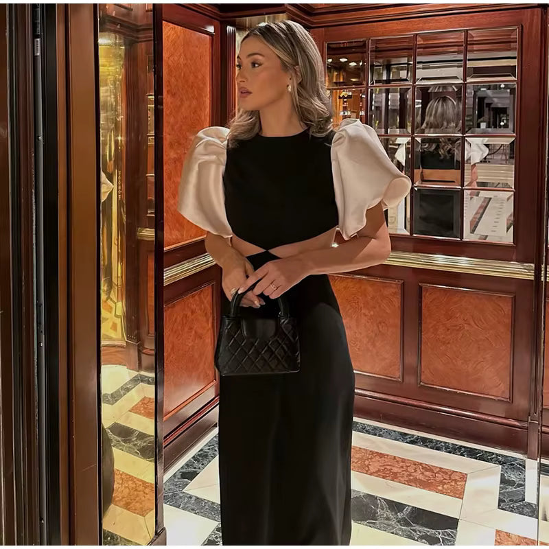 Elegant O-Neck Puff Sleeve Hollow Out Waist Short Sleeved Evening Long Dresses