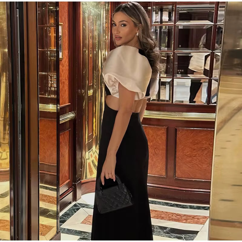 Elegant O-Neck Puff Sleeve Hollow Out Waist Short Sleeved Evening Long Dresses