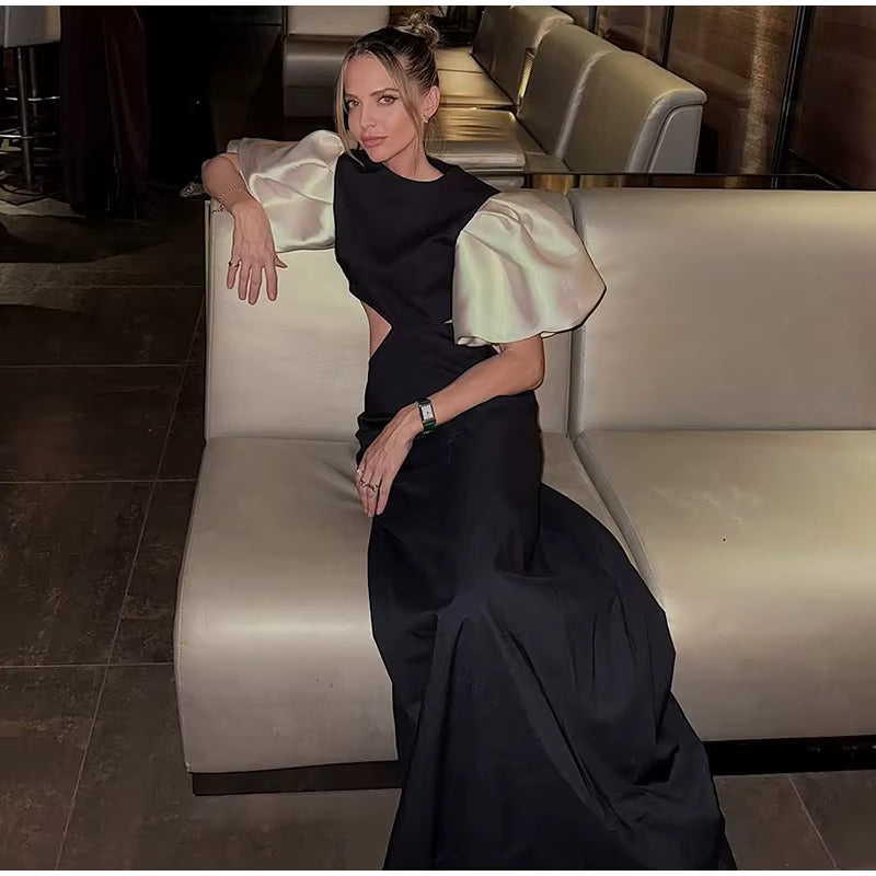 Elegant O-Neck Puff Sleeve Hollow Out Waist Short Sleeved Evening Long Dresses