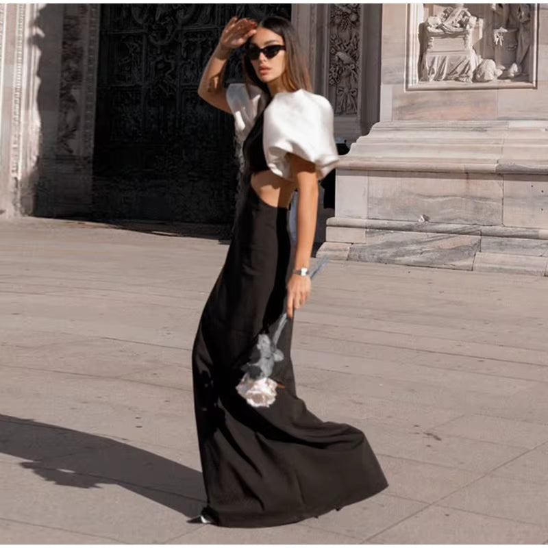 Elegant O-Neck Puff Sleeve Hollow Out Waist Short Sleeved Evening Long Dresses
