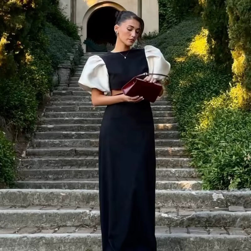 Elegant O-Neck Puff Sleeve Hollow Out Waist Short Sleeved Evening Long Dresses