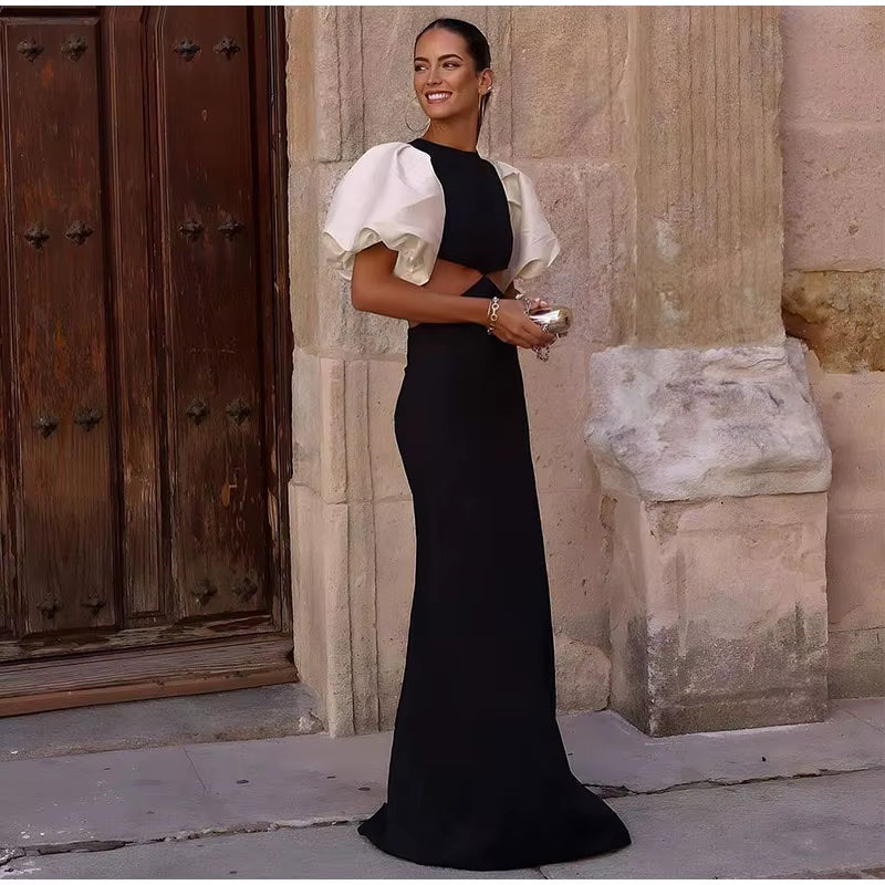 Elegant O-Neck Puff Sleeve Hollow Out Waist Short Sleeved Evening Long Dresses