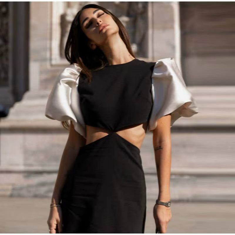 Elegant O-Neck Puff Sleeve Hollow Out Waist Short Sleeved Long Evening Gowns