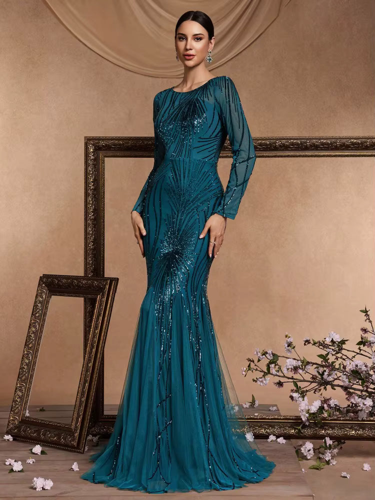 Elegant O-Neck Sequin Floor-Length Long Sleeves Maxi Prom Dress