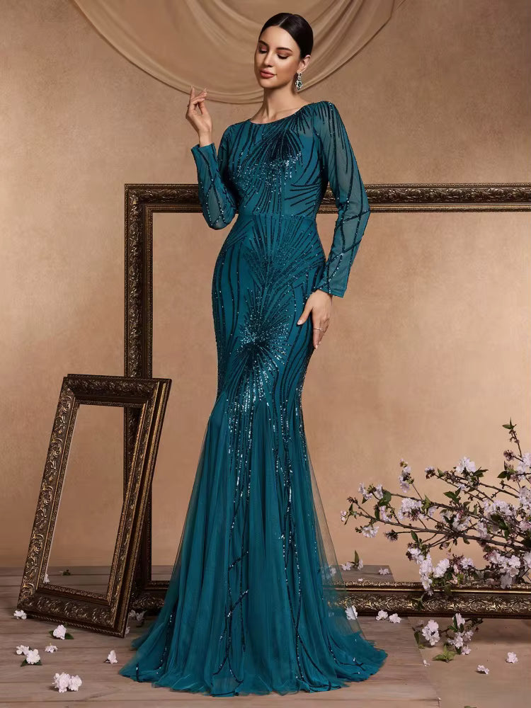 Elegant O-Neck Sequin Floor-Length Long Sleeves Maxi Prom Dress