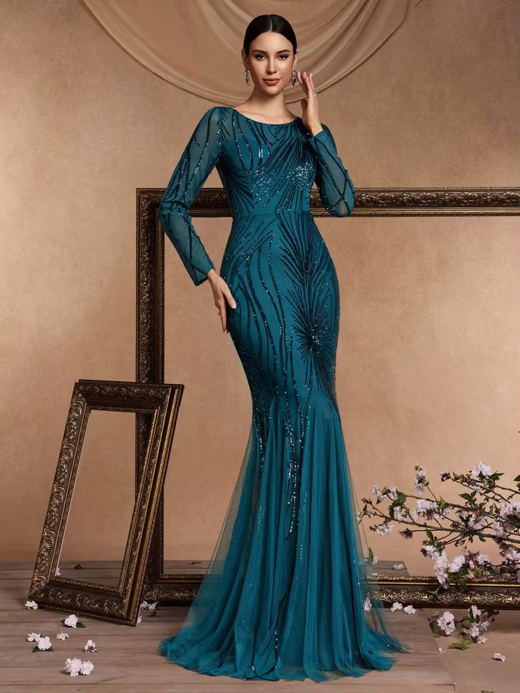 Elegant O-Neck Sequin Floor-Length Long Sleeves Maxi Prom Dress