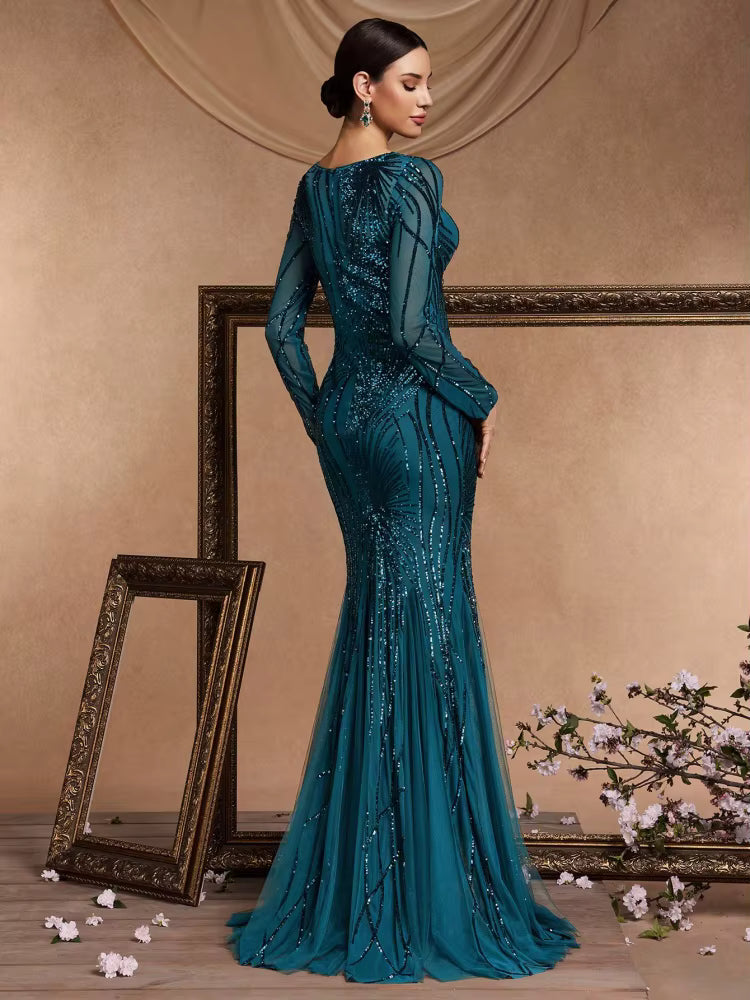 Elegant O-Neck Sequin Floor-Length Long Sleeves Maxi Prom Dress