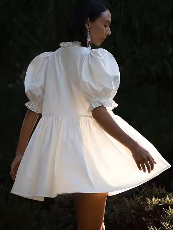 Elegant O-Neck Short Sleeve Button Pleated Loose Mini Dress