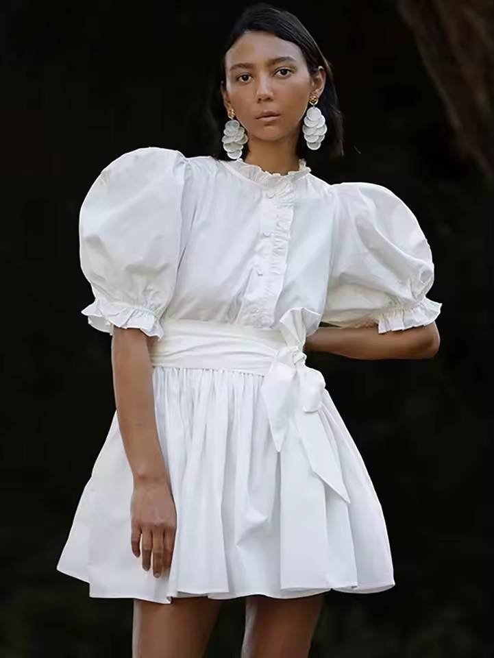 Elegant O-Neck Short Sleeve Button Pleated Loose Mini Dress