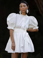 Elegant O-Neck Short Sleeve Button Pleated Loose Mini Dress