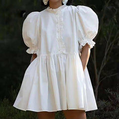 Elegant O-Neck Short Sleeve Button Pleated Loose Mini Dress