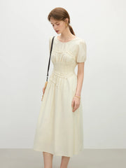 Elegant O-Neck Short Sleeve Hepburn Style Holiday Midi Dress