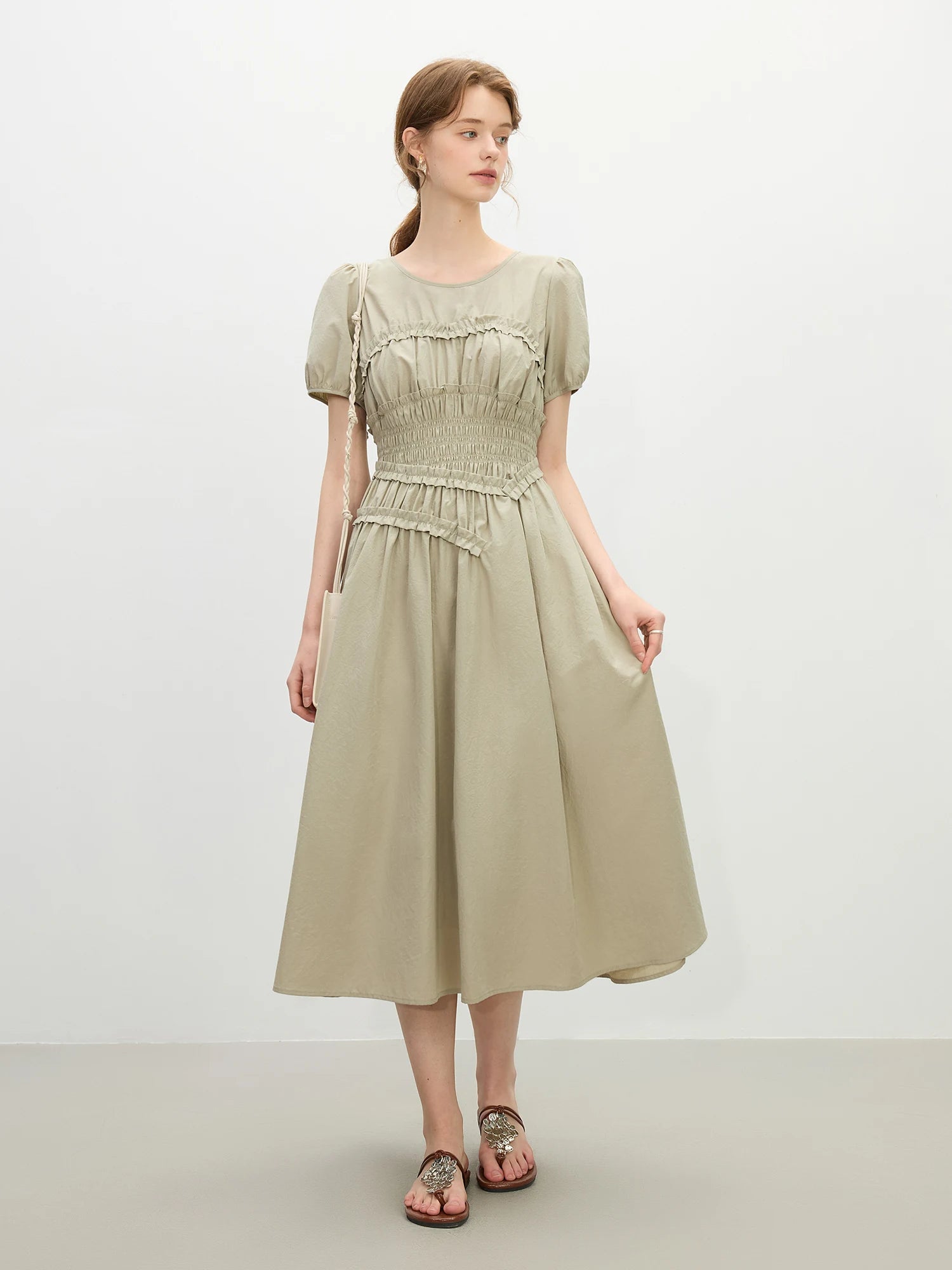 Elegant O-Neck Short Sleeve Hepburn Style Holiday Midi Dress