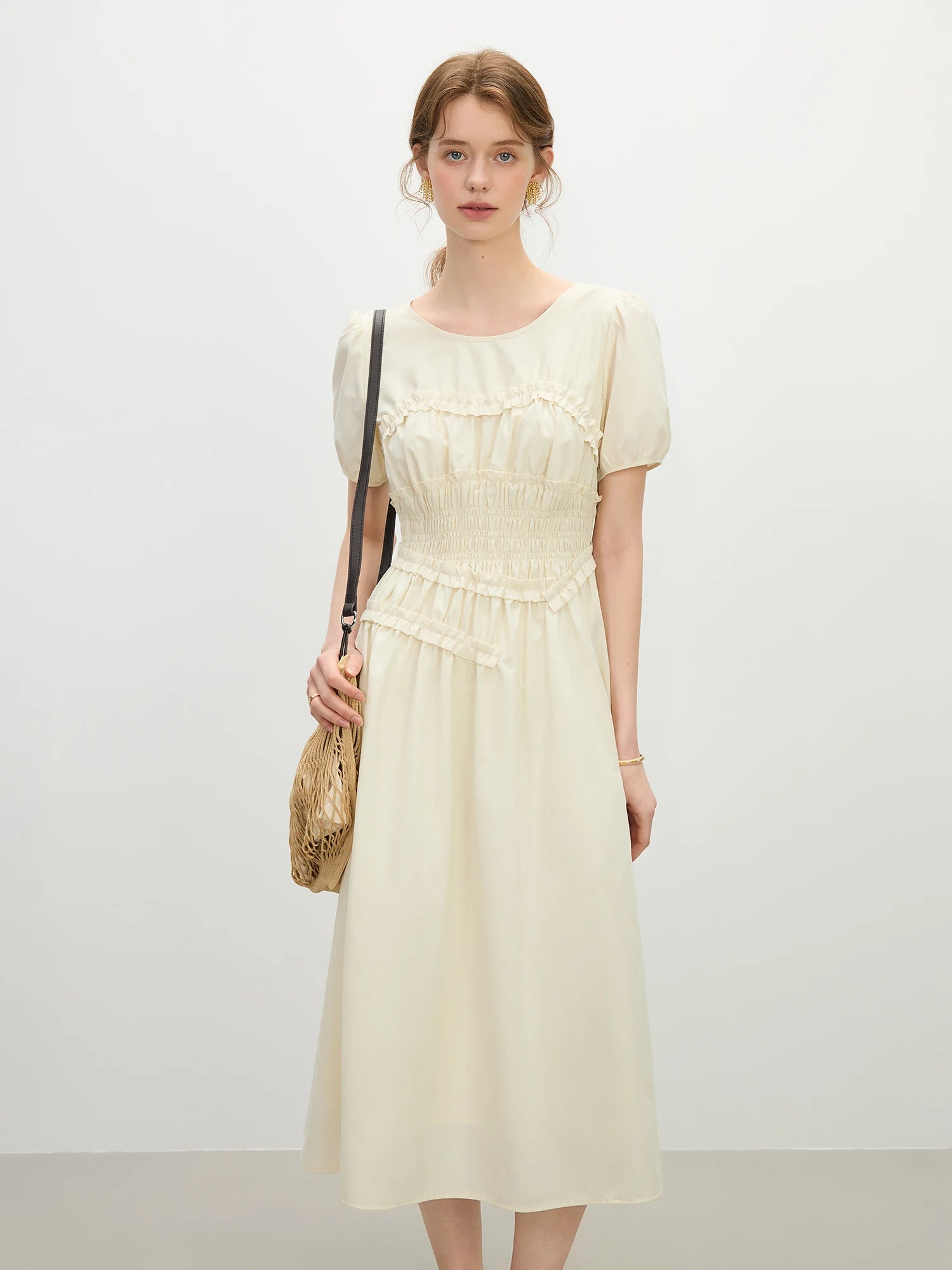 Elegant O-Neck Short Sleeve Hepburn Style Holiday Midi Dress