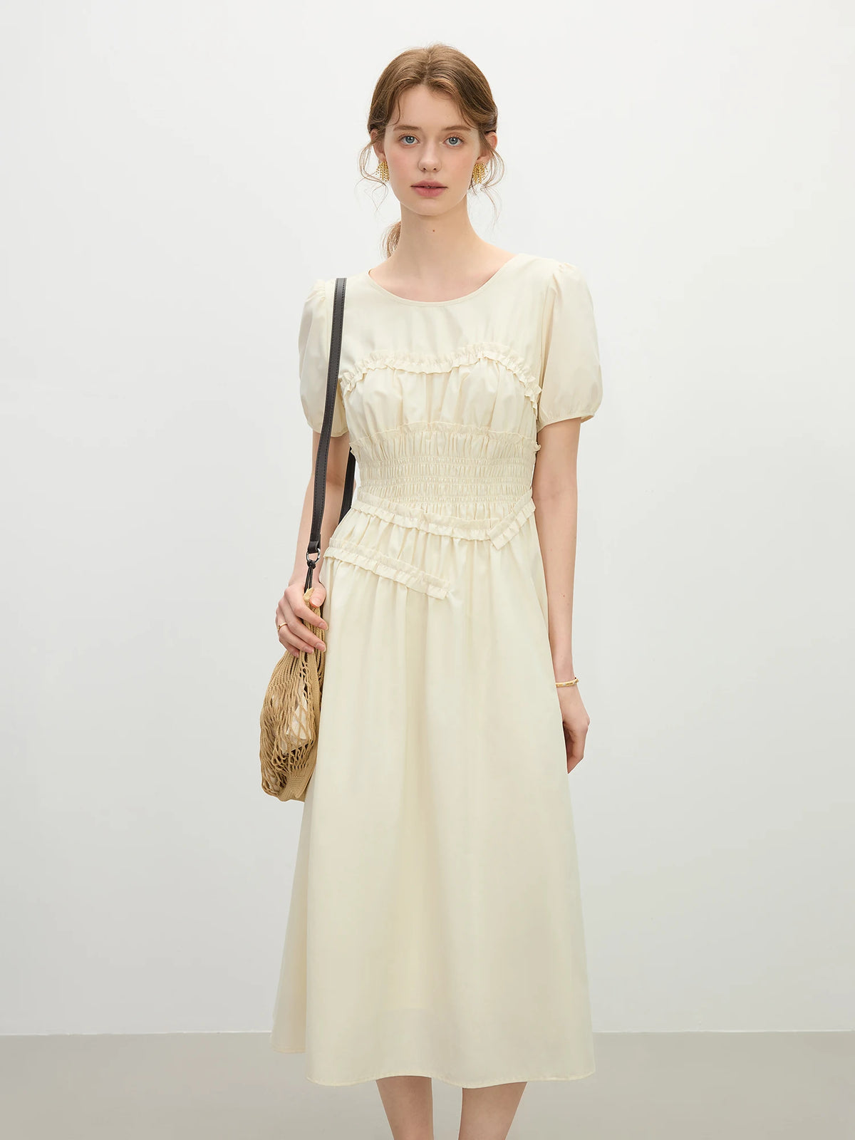 Elegant O-Neck Short Sleeve Hepburn Style Holiday Midi Dress