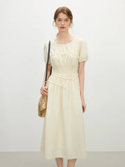 Elegant O-Neck Short Sleeve Hepburn Style Holiday Midi Dress
