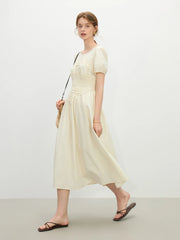 Elegant O-Neck Short Sleeve Hepburn Style Holiday Midi Dress