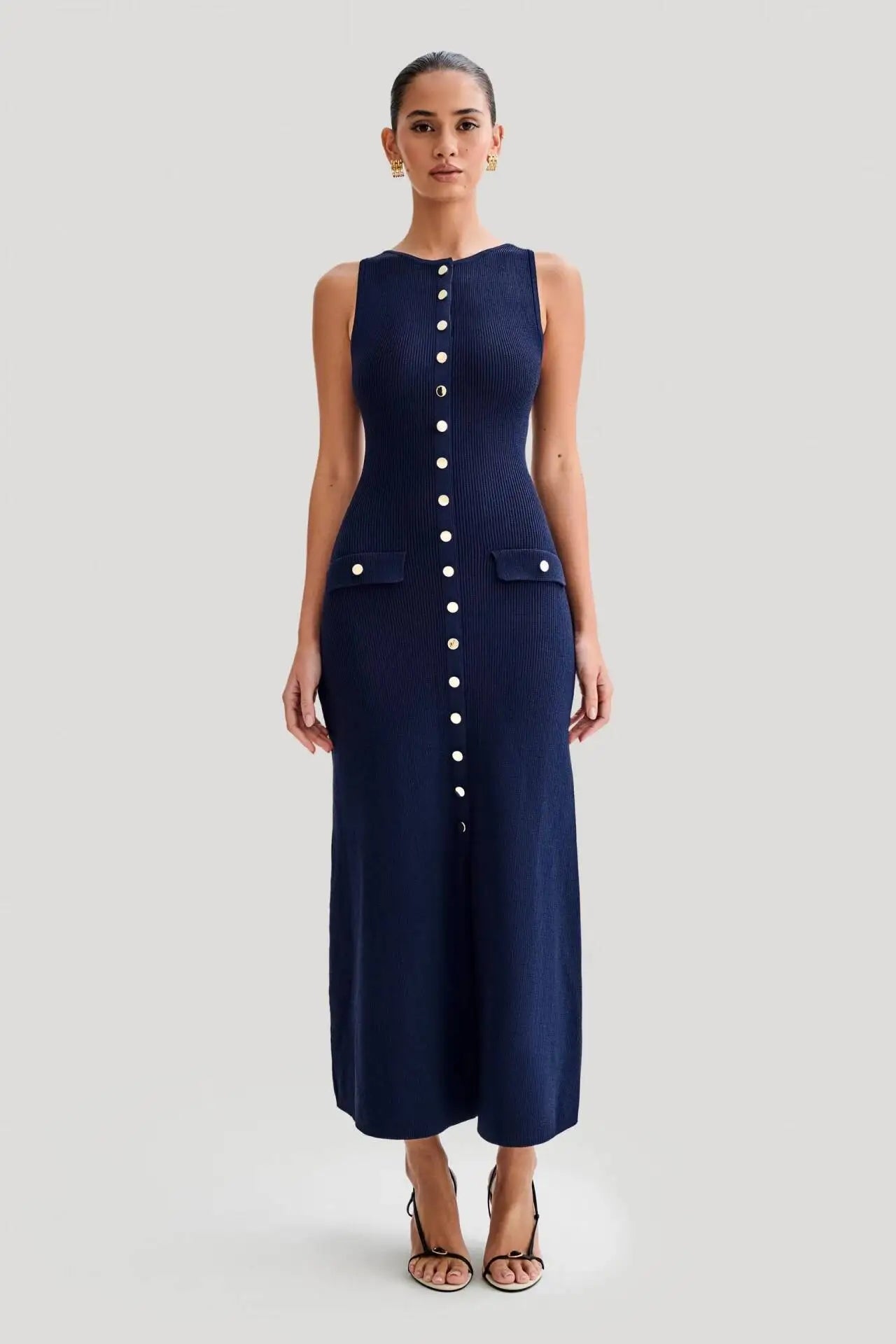 Elegant O Neck Sleeveless Single Breasted Fake Pockets Bodycon Knitted Long Dresses