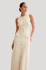 Elegant O Neck Sleeveless Single Breasted Fake Pockets Bodycon Knitted Long Dresses