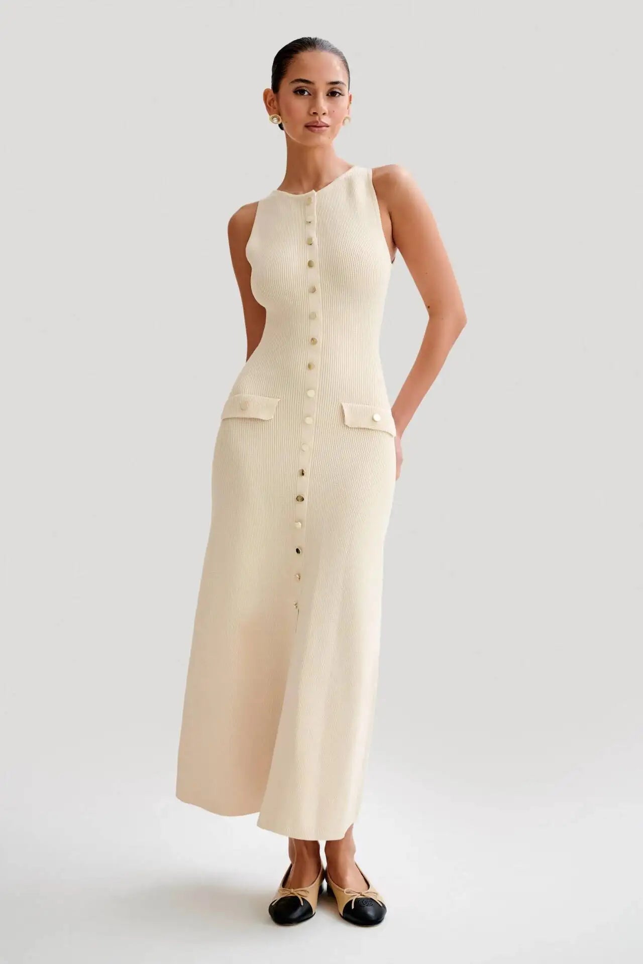 Elegant O Neck Sleeveless Single Breasted Fake Pockets Bodycon Knitted Long Dresses