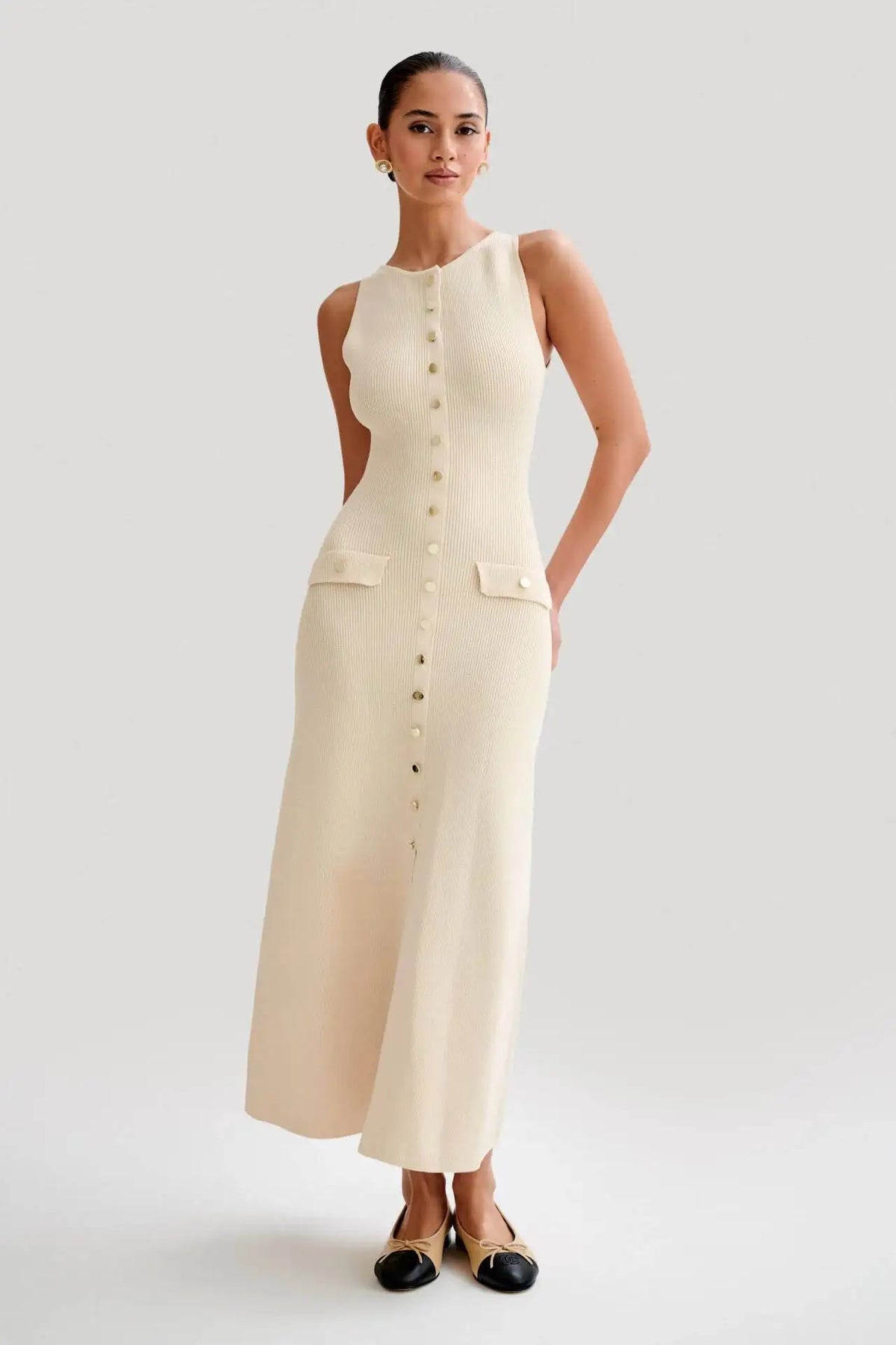 Elegant O Neck Sleeveless Single Breasted Fake Pockets Bodycon Knitted Long Dresses