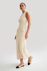 Elegant O Neck Sleeveless Single Breasted Fake Pockets Bodycon Knitted Long Dresses