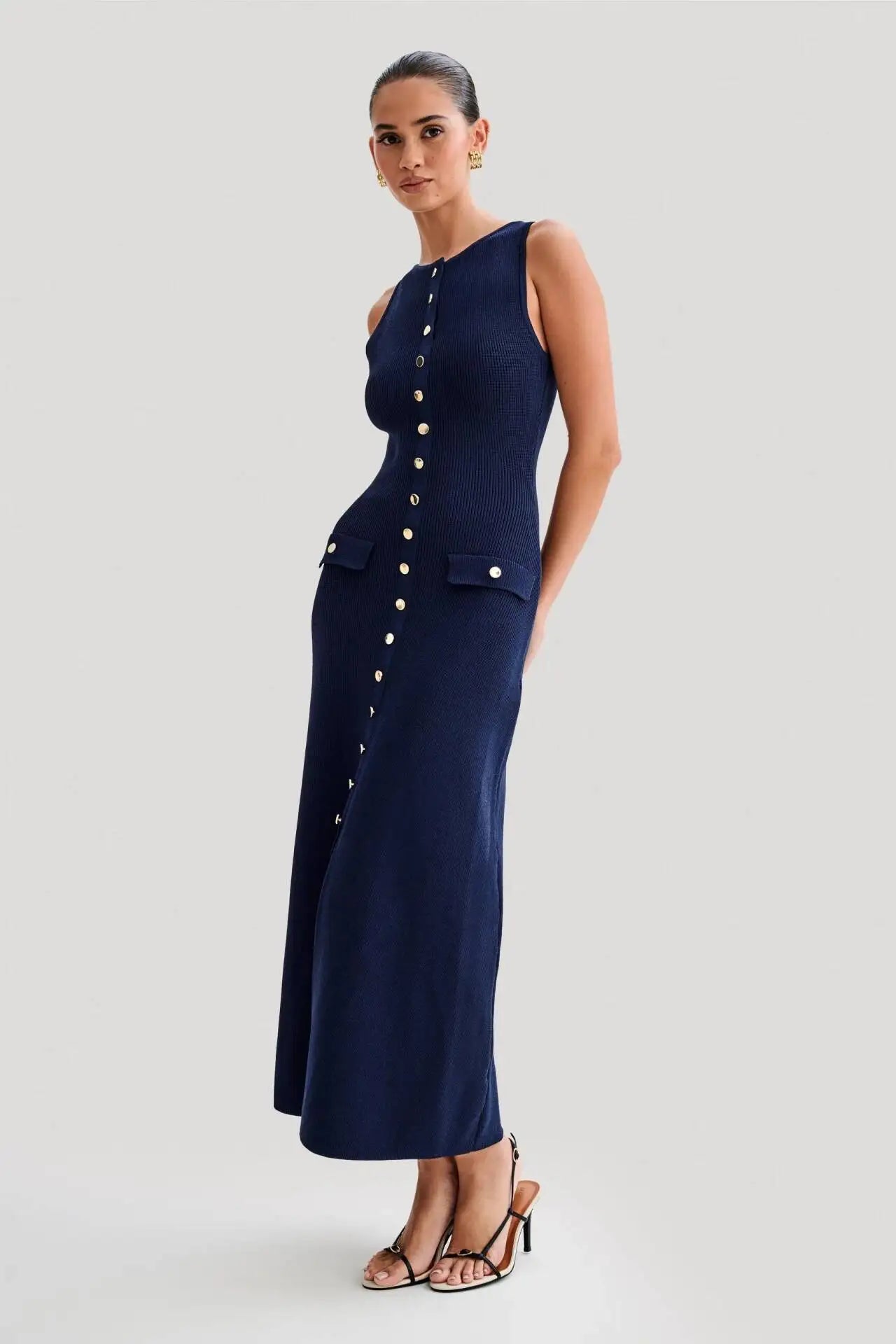 Elegant O Neck Sleeveless Single Breasted Fake Pockets Bodycon Knitted Long Dresses