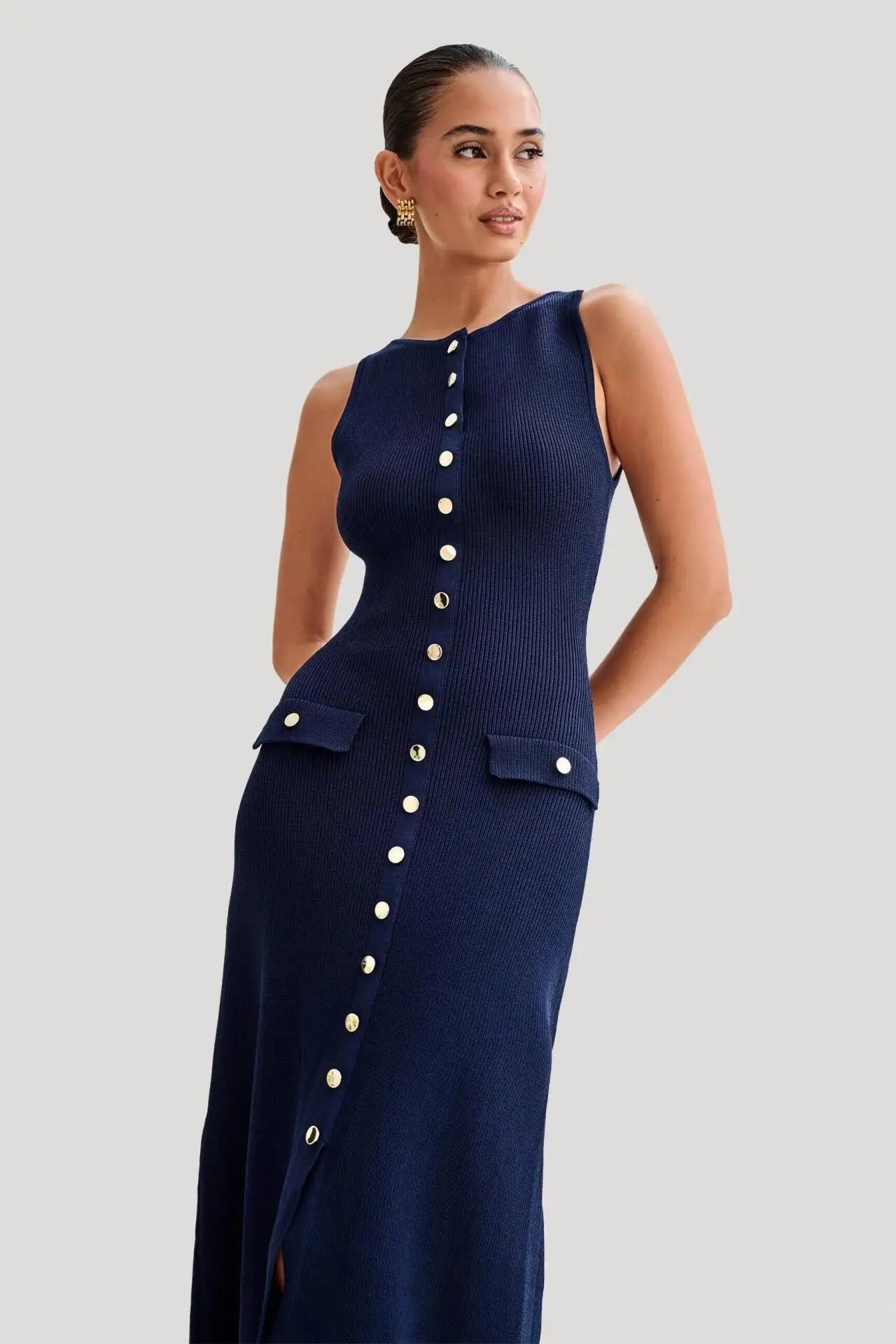 Elegant O Neck Sleeveless Single Breasted Fake Pockets Bodycon Knitted Long Dresses