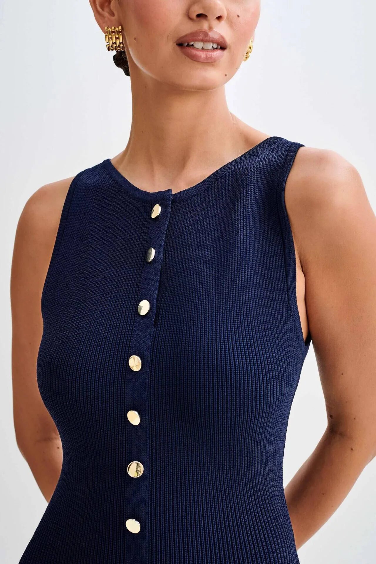 Elegant O Neck Sleeveless Single Breasted Fake Pockets Bodycon Knitted Long Dresses