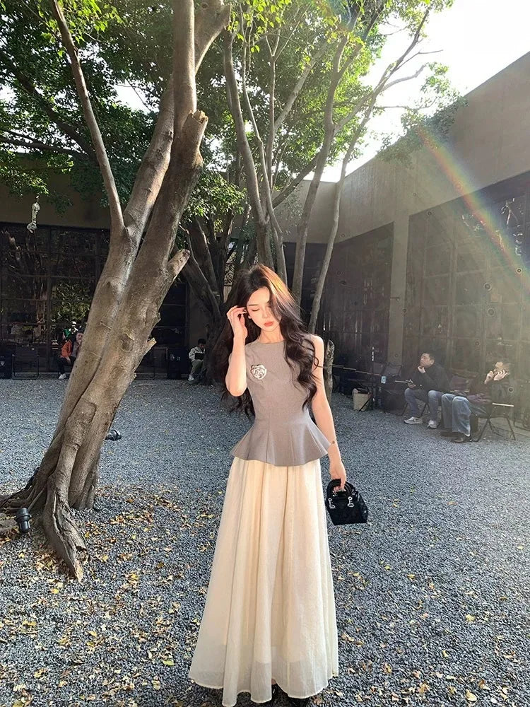 Elegant O-Neck Solid Sleeveless zipper OL Top Long Skirt Two Piece Sets