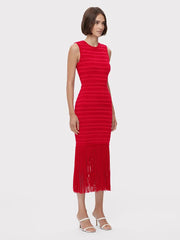 Elegant O Neck Stripe Transparent Patchwork Sleeveless Tassel Evening Party Bandage Bodycon Dress