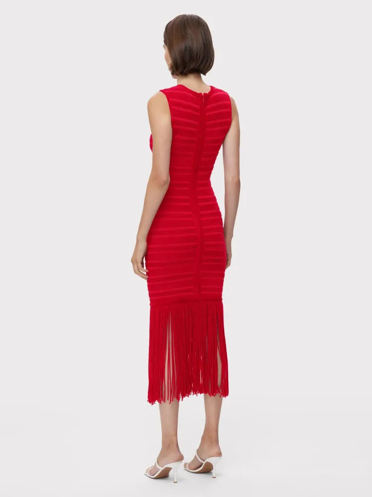 Elegant O Neck Stripe Transparent Patchwork Sleeveless Tassel Evening Party Bandage Bodycon Dress