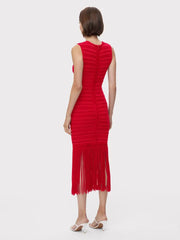 Elegant O Neck Stripe Transparent Patchwork Sleeveless Tassel Evening Party Bandage Bodycon Dress