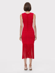 Elegant O Neck Stripe Transparent Patchwork Sleeveless Tassel Evening Party Bandage Bodycon Dress