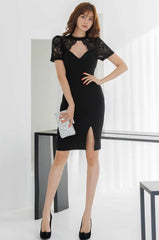 Elegant O-Neck Zipper Sheath Office Pencil Non Stretch Mini Dress