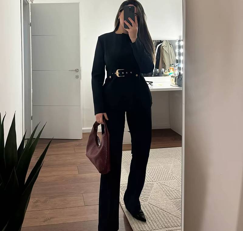 Elegant O-neck Full Sleeves Single Breasted With Belt Top High Waist Wide Leg Pants 2 Piece Set
