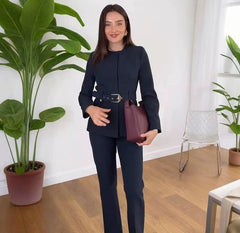 Elegant O-neck Full Sleeves Single Breasted With Belt Top High Waist Wide Leg Pants 2 Piece Set