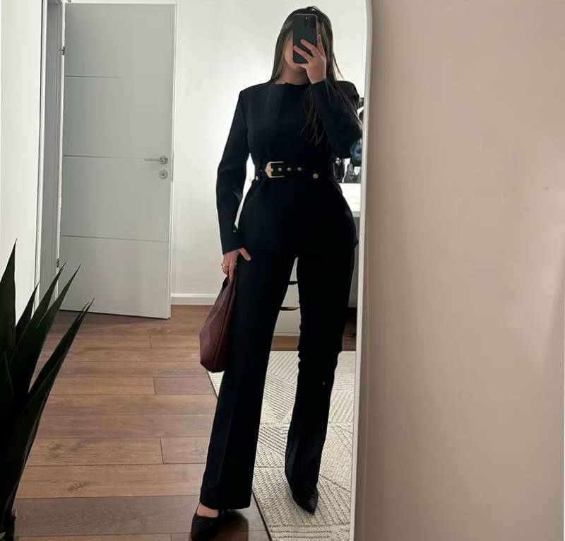 Elegant O-neck Full Sleeves Single Breasted With Belt Top High Waist Wide Leg Pants 2 Piece Set