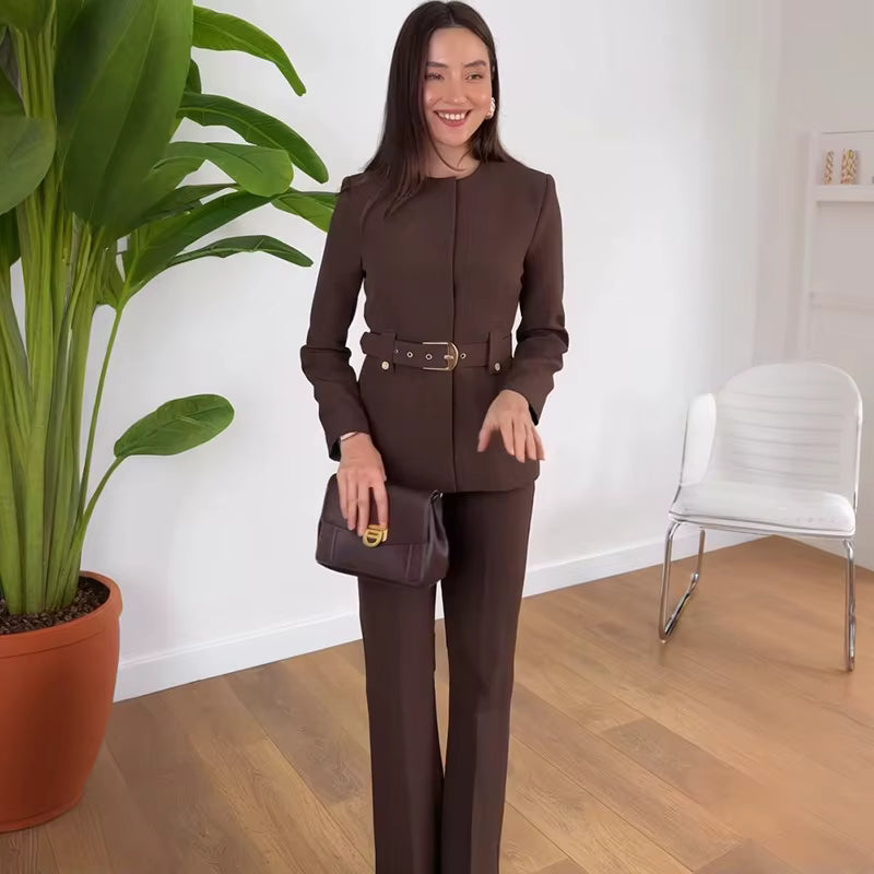 Elegant O-neck Full Sleeves Single Breasted With Belt Top High Waist Wide Leg Pants 2 Piece Set