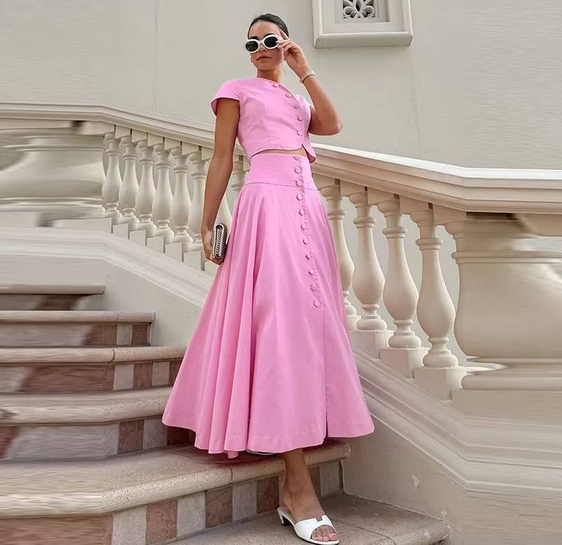 Elegant O-neck Single Breasted Short Sleeve Short Top Button Wide Leg Skirts