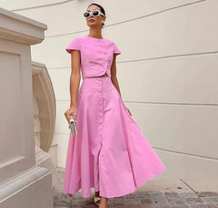 Elegant O-neck Single Breasted Short Sleeve Short Top Button Wide Leg Skirts