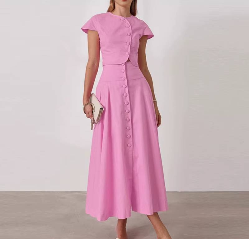 Elegant O-neck Single Breasted Short Sleeve Short Top Button Wide Leg Skirts