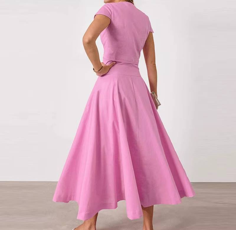 Elegant O-neck Single Breasted Short Sleeve Short Top Button Wide Leg Skirts