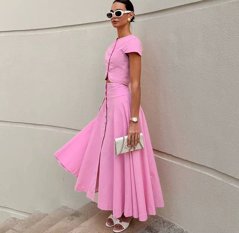 Elegant O-neck Single Breasted Short Sleeve Short Top Button Wide Leg Skirts