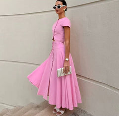 Elegant O-neck Single Breasted Short Sleeve Short Top Button Wide Leg Skirts