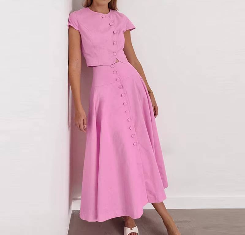 Elegant O-neck Single Breasted Short Sleeve Short Top Button Wide Leg Skirts